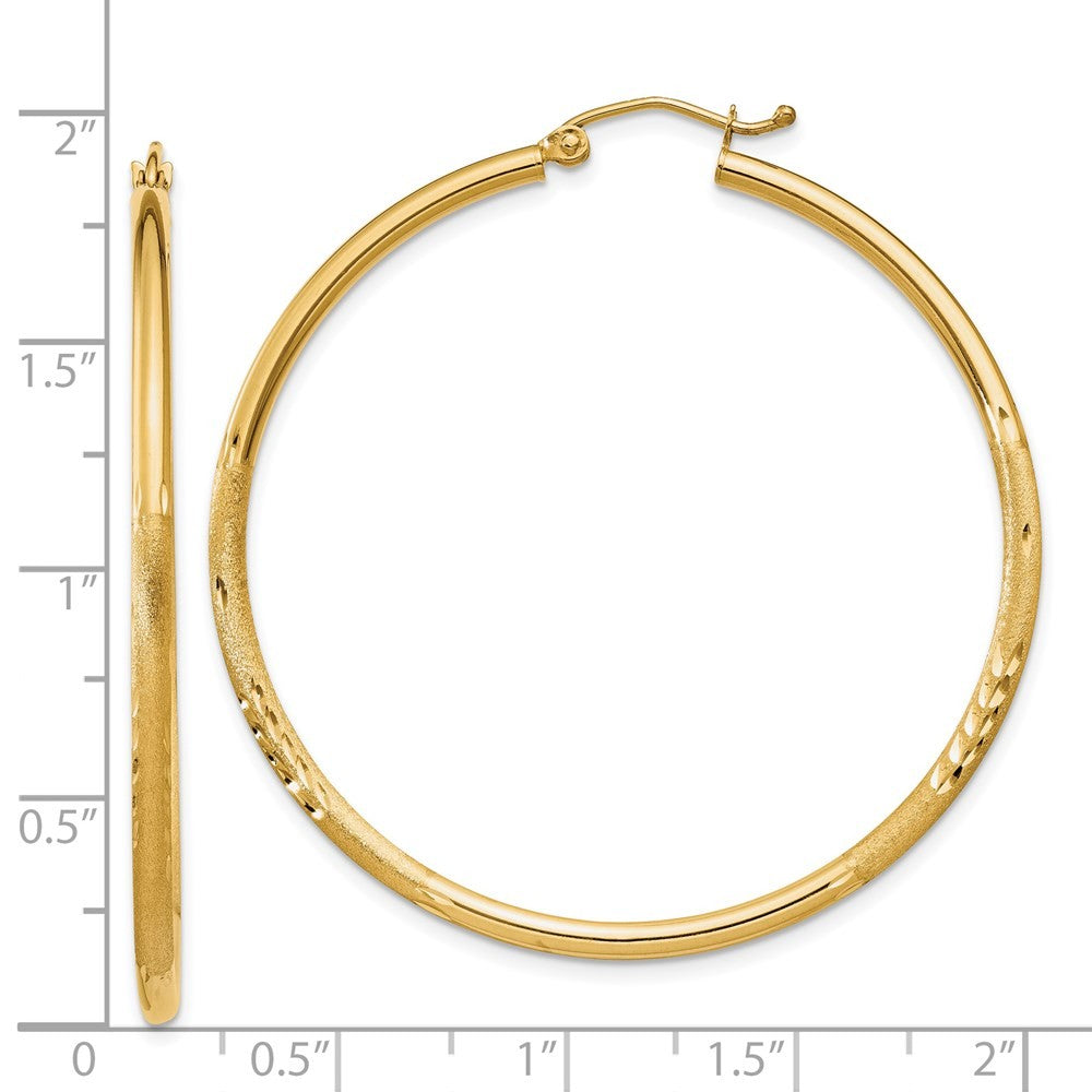 14k Yellow Gold Satin and Diamond-cut 2mm Round Tube Hoop Earrings