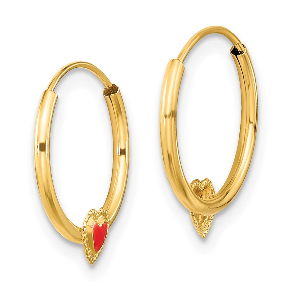 14k Yellow Gold Polished Red Enameled Heart Hoops Gift for Women