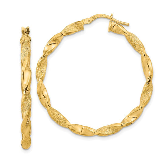 14k Yellow Gold Polished and Textured Twisted Hoop Earrings