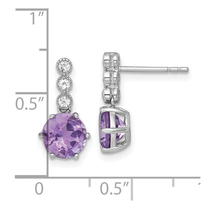 Sterling Silver Polished and Beaded Round Amethyst and Topaz Dangle Earrings