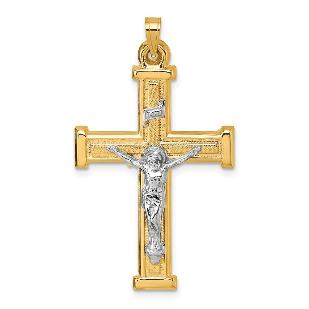 14k Yellow Gold with White Rhodium Polished Textured INRI Crucifix Cross Pendant