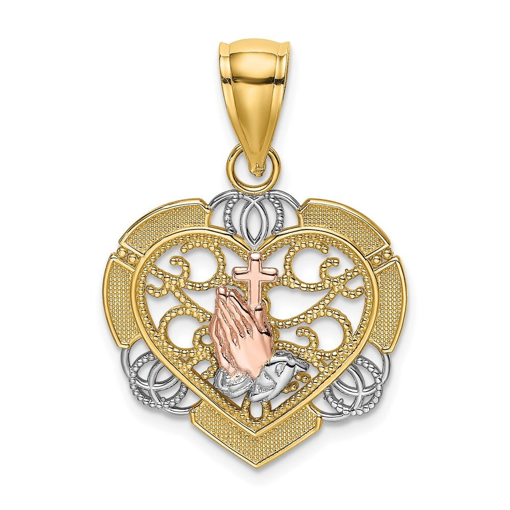 14k Two-tone Gold  White Rhod Praying Hands and Cross Heart Charm Pendant