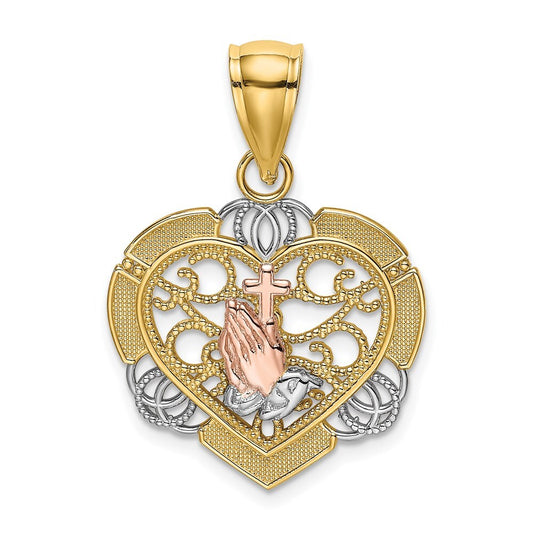 14k Two-tone Gold  White Rhod Praying Hands and Cross Heart Charm Pendant