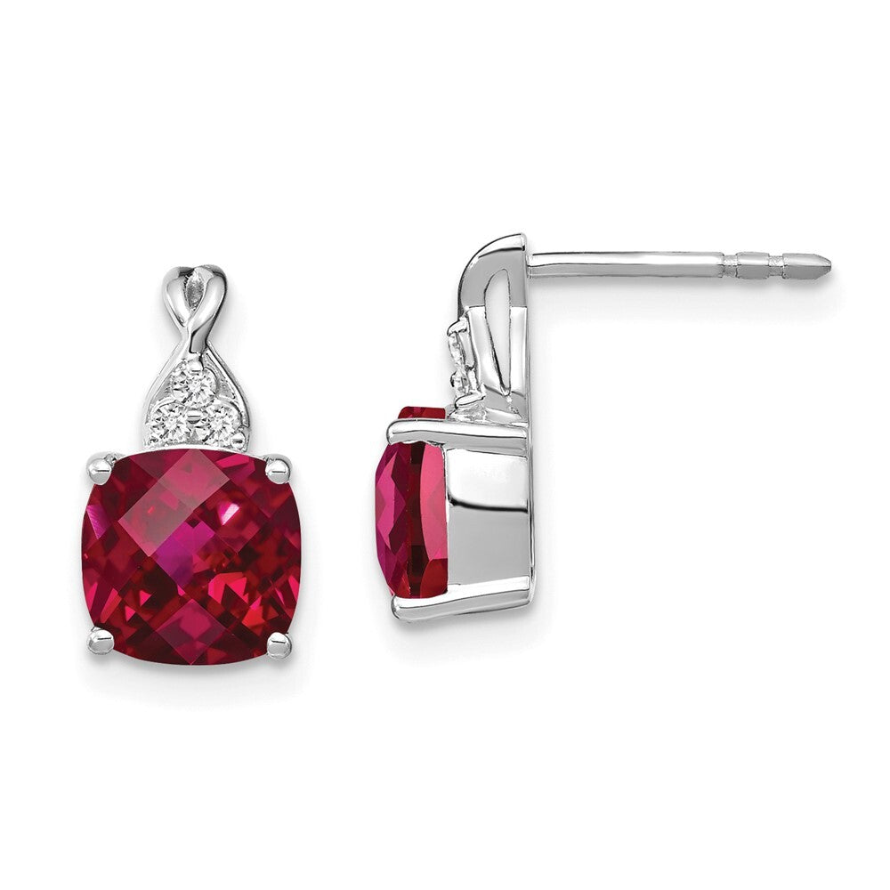 14K White Gold Checkerboard Created Ruby and Diamond Drop & Dangle Earrings