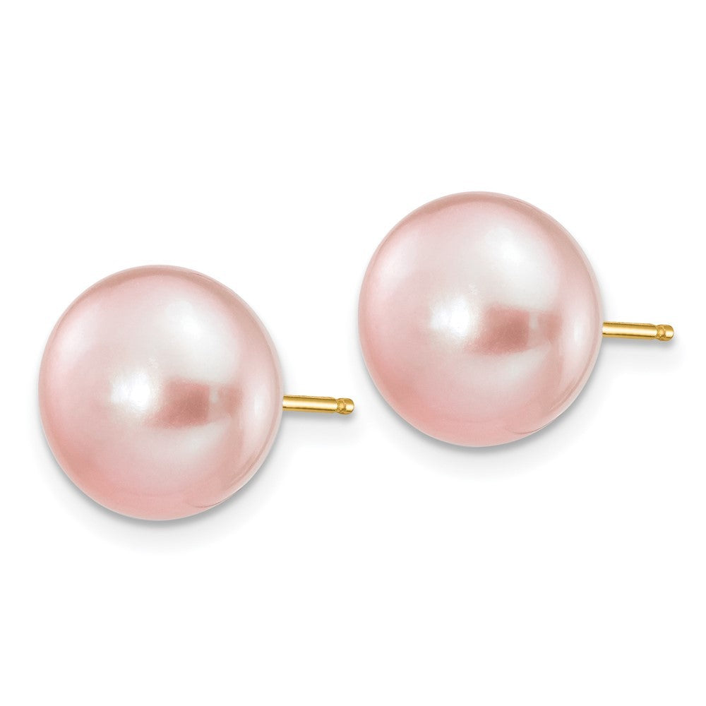 14k Yellow Gold 10-11mm Purple Button Freshwater Cultured Pearl Stud Earrings