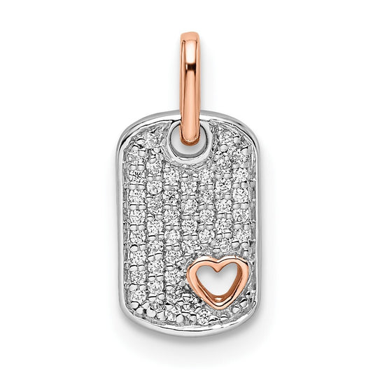 14k Two-tone Gold White and Rose Small Dog Tag Heart Diamond Pendant