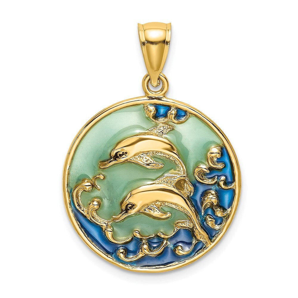 14k Yellow Gold 2-D Dolphins Blue Enameled Charm Pendant for Women