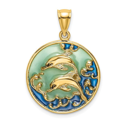 14k Yellow Gold 2-D Dolphins Blue Enameled Charm Pendant for Women