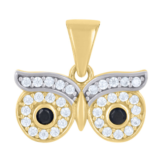 10k Two-tone Gold Black White Cubic-Zirconia Owl Eyes Bird Wildlife Pendant