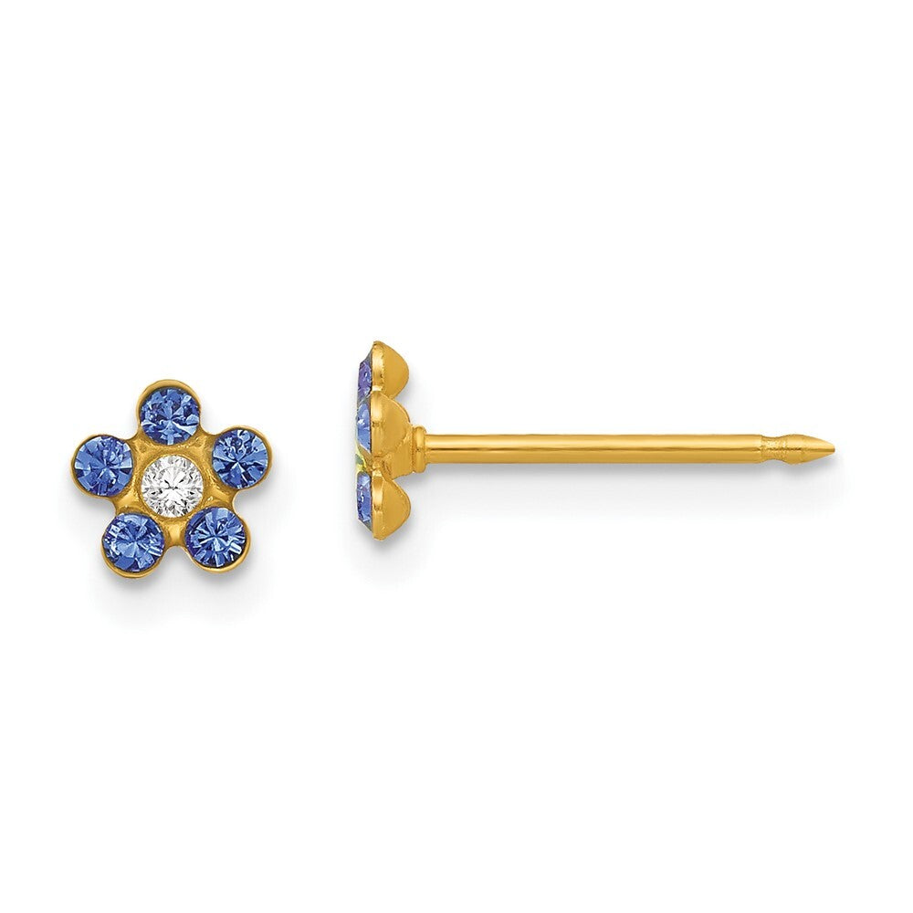 14k Yellow Gold September Blue Crystal Birthstone Flower Stud Earrings