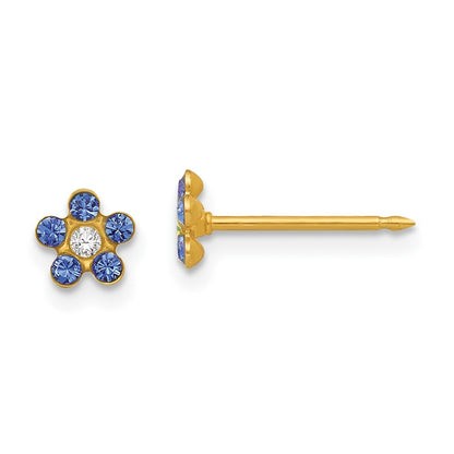 14k Yellow Gold September Blue Crystal Birthstone Flower Stud Earrings