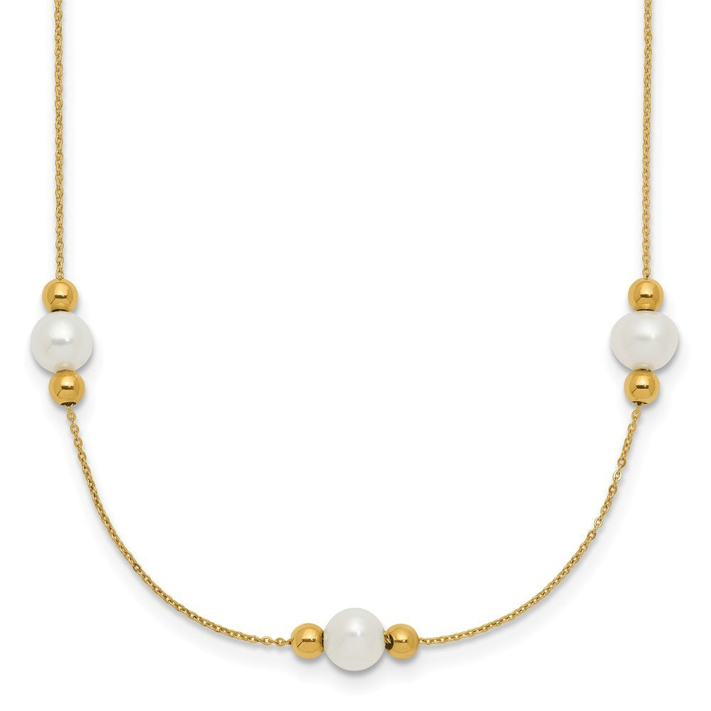 14k Yellow Gold Polished FWC Pearl and Bead 3 Station 16in w/2 in ext. Necklace