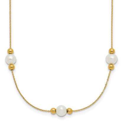 14k Yellow Gold Polished FWC Pearl and Bead 3 Station 16in w/2 in ext. Necklace