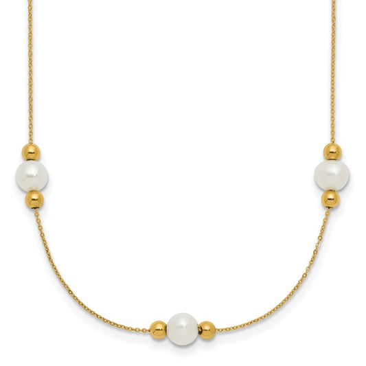 14k Yellow Gold Polished FWC Pearl and Bead 3 Station 16in w/2 in ext. Necklace