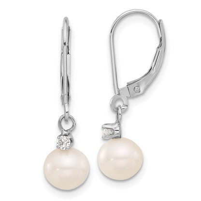 14k Gold 7-8mm Freshwater Cultured Pearl & Diamond Dangle Earrings
