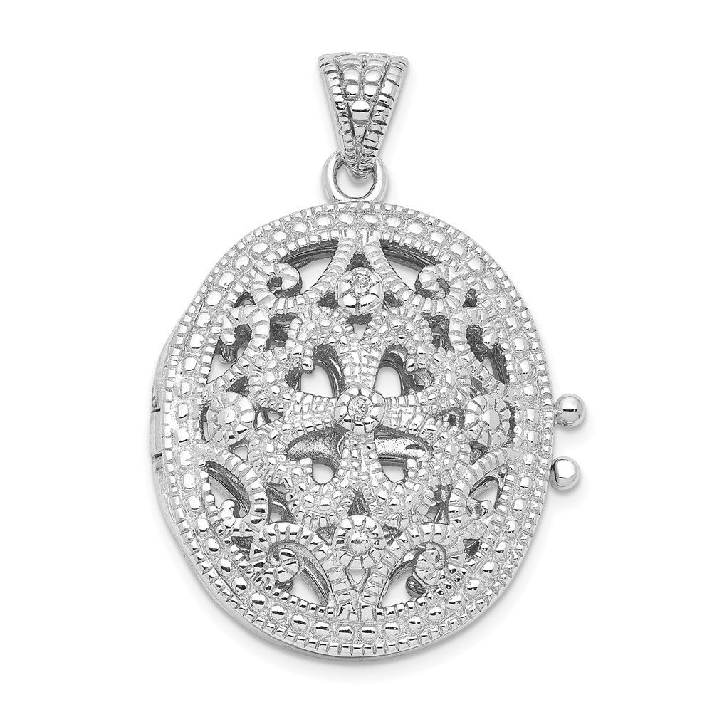 Sterling Silver Rhodium-plated Cubic Zirconia Fancy Filigree Oval 22mm Locket