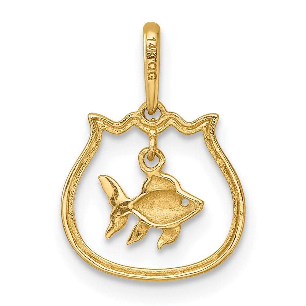 14k Yellow Gold Polished Fish Bowl with Dangling Fish Charm / Pendant