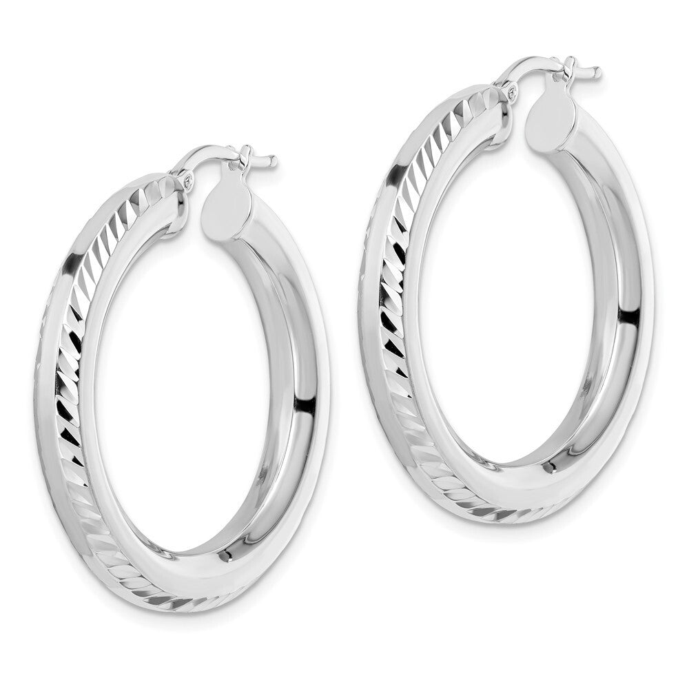 Sterling Silver Rhodium-plated 5x34mm Diamond-cut Octagon Tube Hoop Earrings