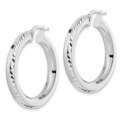 Sterling Silver Rhodium-plated 5x34mm Diamond-cut Octagon Tube Hoop Earrings