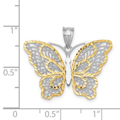 14k White Gold Yellow Rhodium Polished Filigree Butterfly Pendant for Women