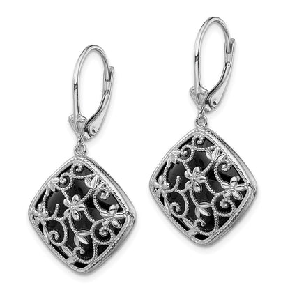 Sterling Silver Filigree Floral Diamond Cut Diamond Shape Onyx Dangle Earrings