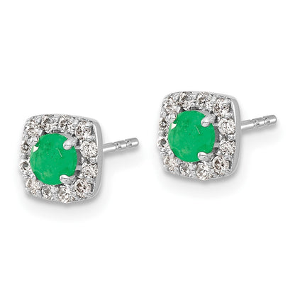 14k White Gold Diamond and Emerald Square Halo Stud Earrings