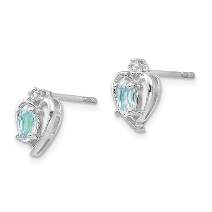 14k White Gold Aquamarine and Diamond Heart Stud Earrings Gift for Women