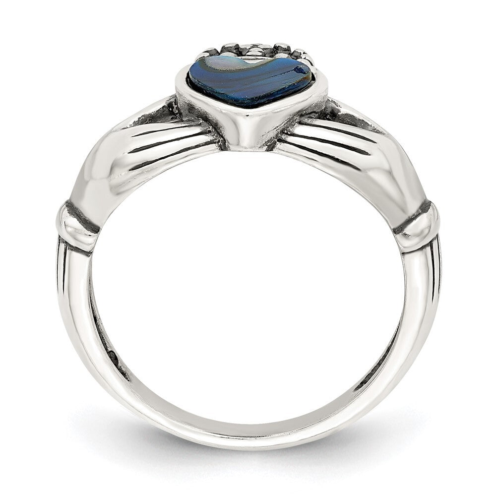 Sterling Silver Antiqued Abalone Inlay and Black Enamel Claddagh Ring Size 8