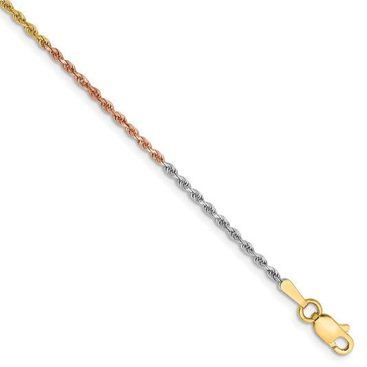 14K Tri-colored 8 inch 1.5mm Diamond-cut Rope Chain Bracelet