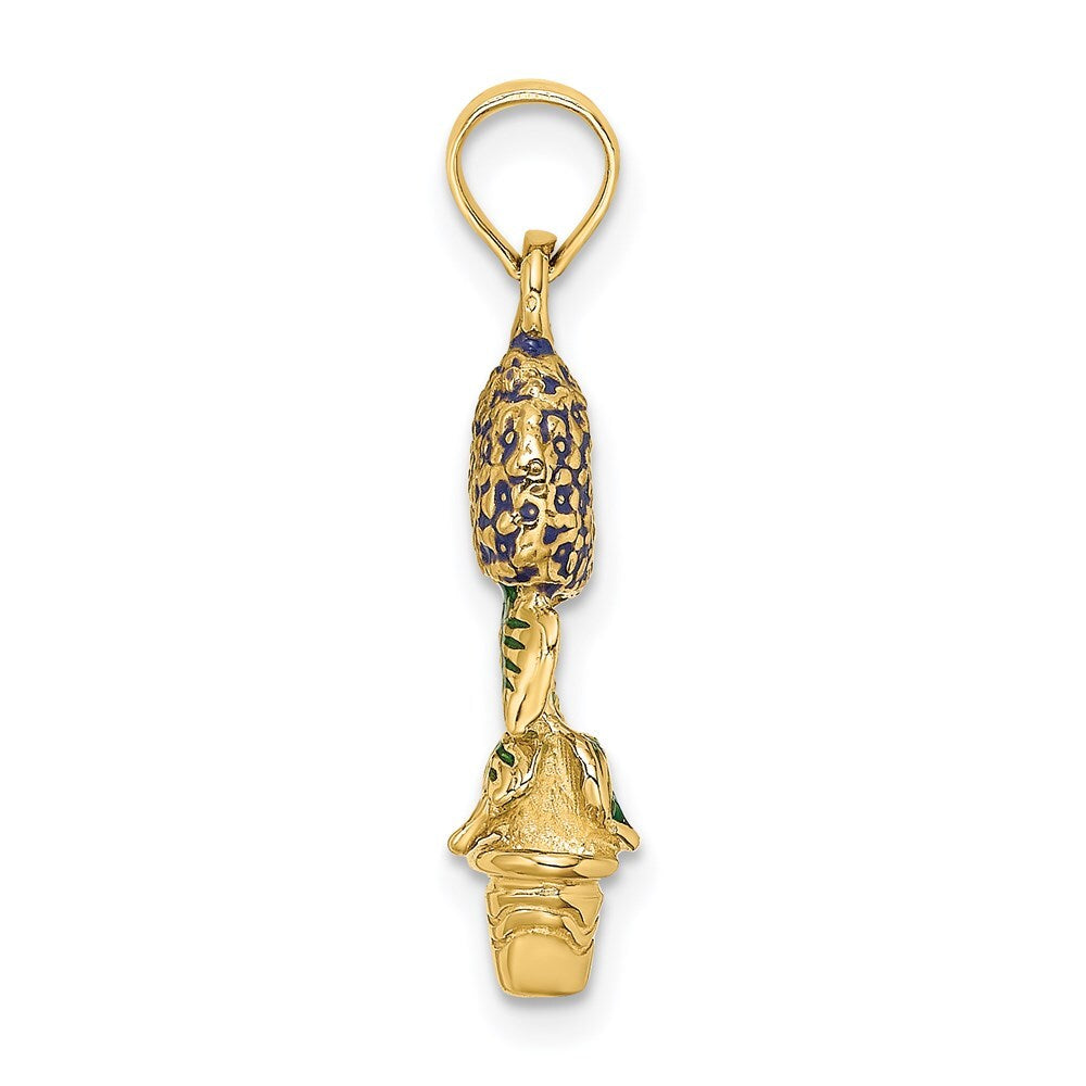 14k Yellow Gold 3-D Enameled Lavender Hydrangea Flowers In Pot Charm Pendant