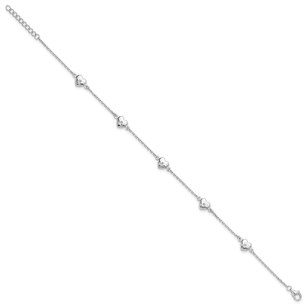 Sterling Silver Rhodium-plated Hearts 10" Anklet