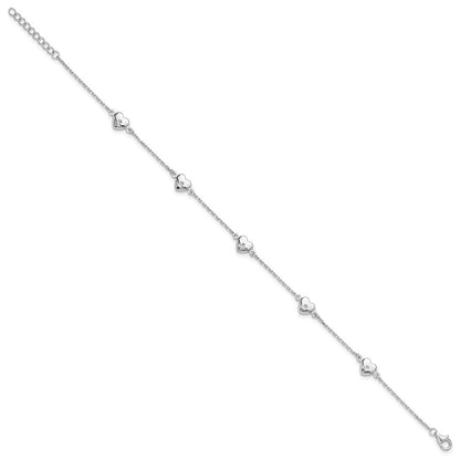 Sterling Silver Rhodium-plated Hearts 10" Anklet