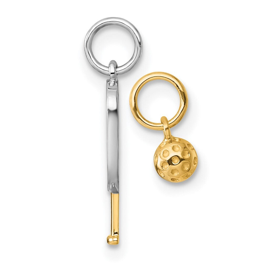 14k Yellow Gold White Rhodium Pickleball Paddle and Ball 2 Piece Pendant Set