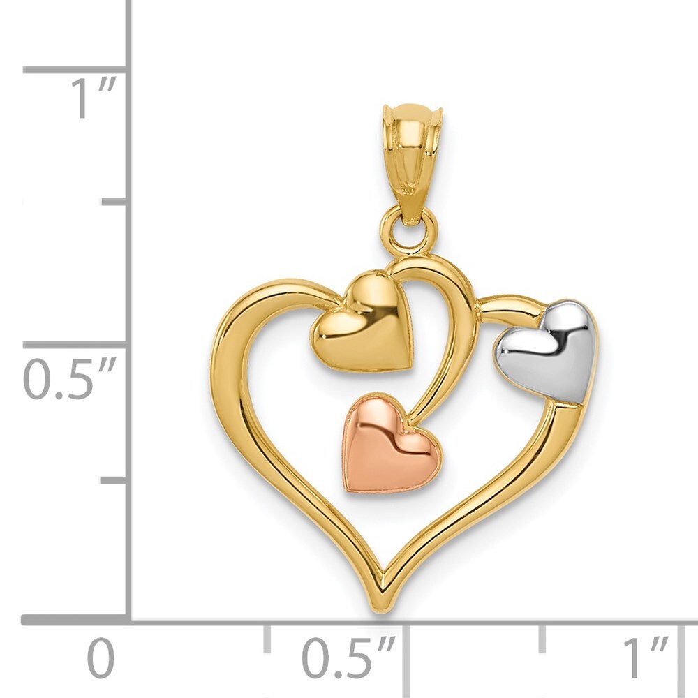 14k Two-tone Gold and White Rhodium Polished Hearts Pendant for Women