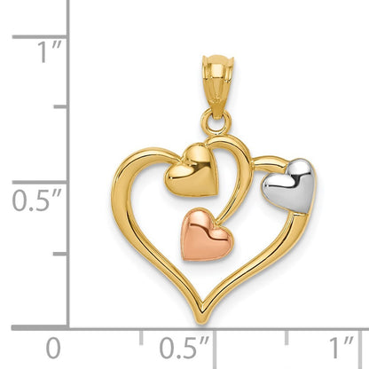 14k Two-tone Gold and White Rhodium Polished Hearts Pendant for Women