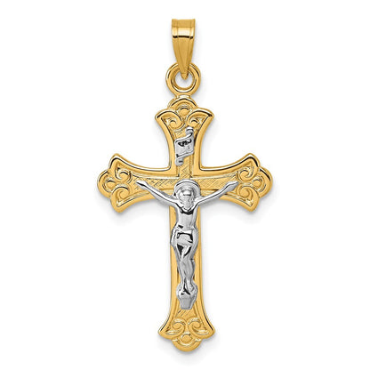 14k Yellow Gold White Rhodium Fleur de Lis INRI Crucifix Cross Pendant