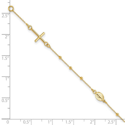 14k Yellow Gold Polished Cross and Miraculous Medal Beaded 7.5" Rosary Bracelet
