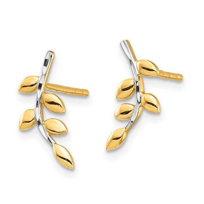 14k Yellow Gold & White Rhodium Leaves Stud Earrings Gift for Women