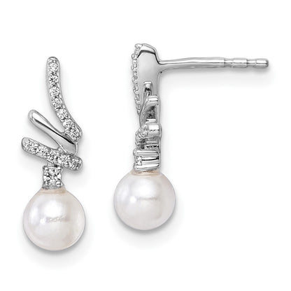 14K White Gold Polished Diamond and Pearl Drop Drop & Dangle Earrings