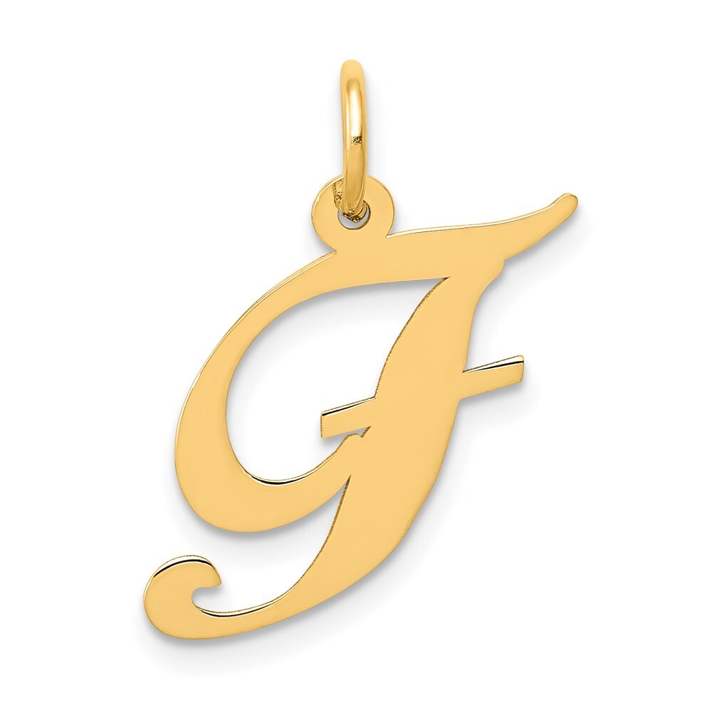 14k Yellow Gold Medium Fancy Script Letter F Initial Charm Pendant for Women