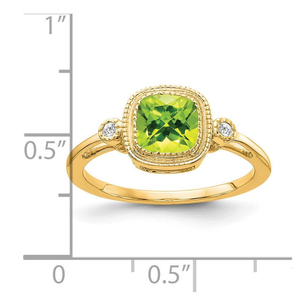 14K Yellow Gold Cushion Peridot and Diamond Ring Size 7