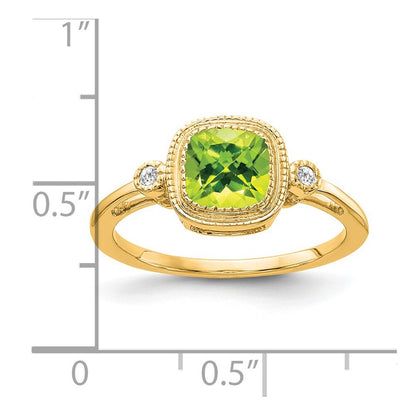 14K Yellow Gold Cushion Peridot and Diamond Ring Size 7