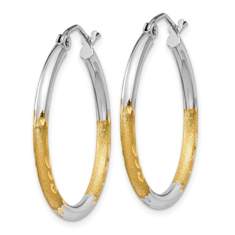 14k Yellow Gold w/White Rhodium 2mm Satin and Polished Diamond-cut Hoop Earrings