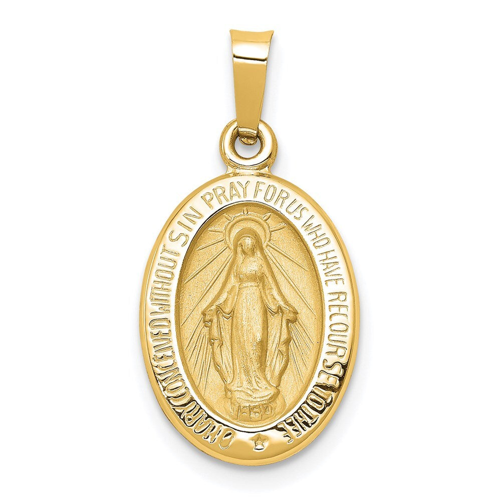 14k Yellow Gold Polished and Satin Miraculous Medal Hollow Pendant for Women