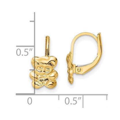 14k Yellow Gold Polished Teddy Bear Dangle Earrings Leverback Gift for Women