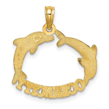 14k Yellow Gold Polished OCEAN CITY Jumping Dolphins Charm Pendant