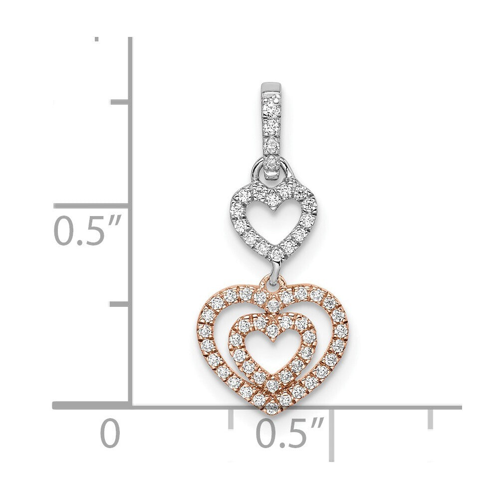 14k Two-tone Gold White and Rose Hearts Dangle Diamond Pendant