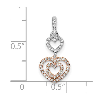 14k Two-tone Gold White and Rose Hearts Dangle Diamond Pendant