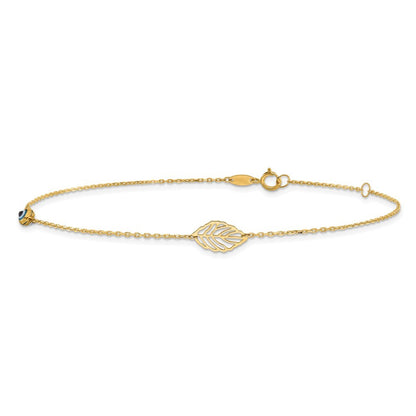 14k Yellow Gold Leaf and Glass Eye Bead 10" Anklet