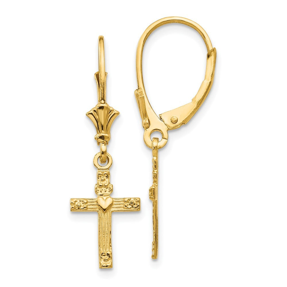 14k Yellow Gold Mini Cross with Heart Drop Dangle Earrings